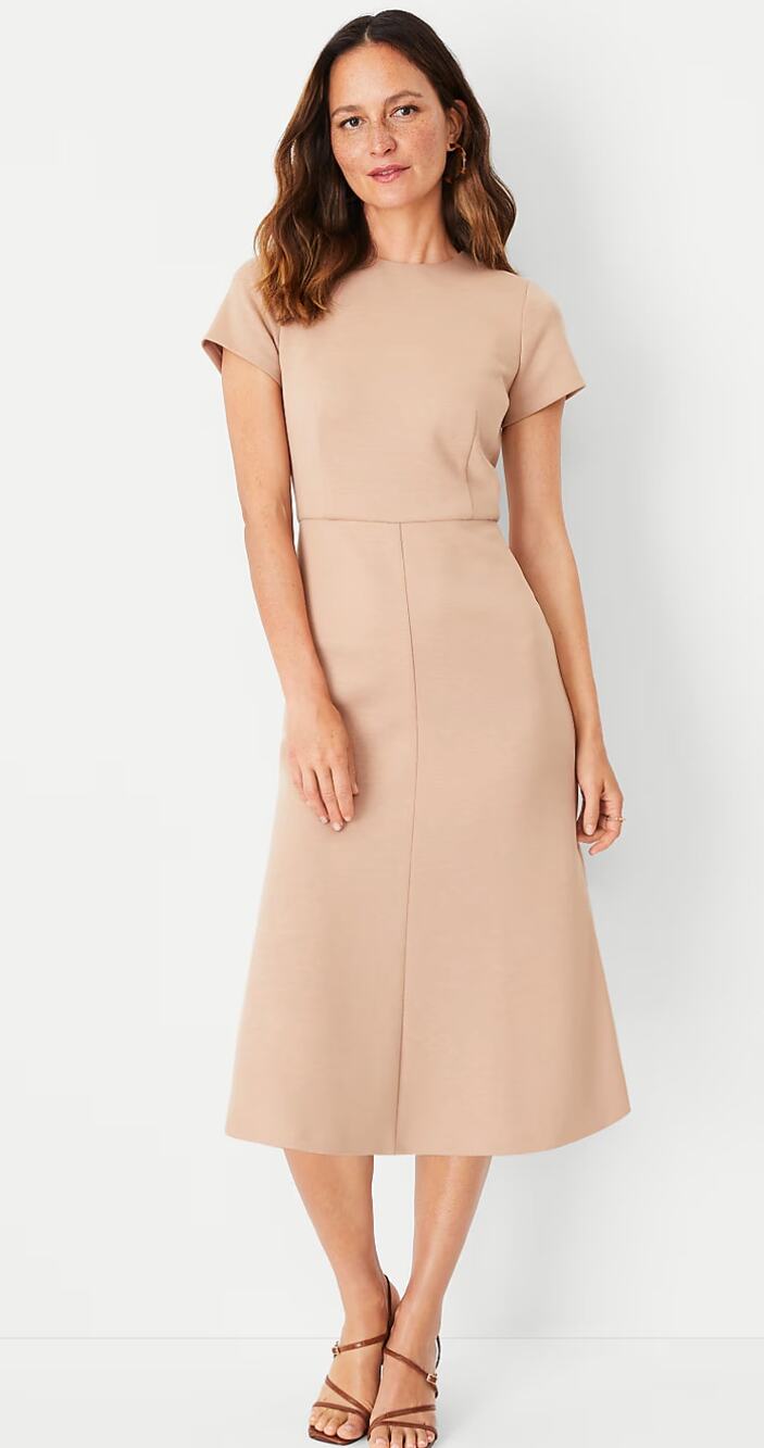 Ann Taylor Fit & Flare Double Knit Short Sleeve Midi Dress Beige Size 10P